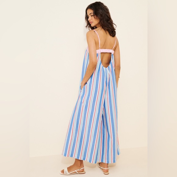 Celandine Pants - Celandine Anthropologie NWT Blue White Pink Pinstripe Bow Accent Jumpsuit